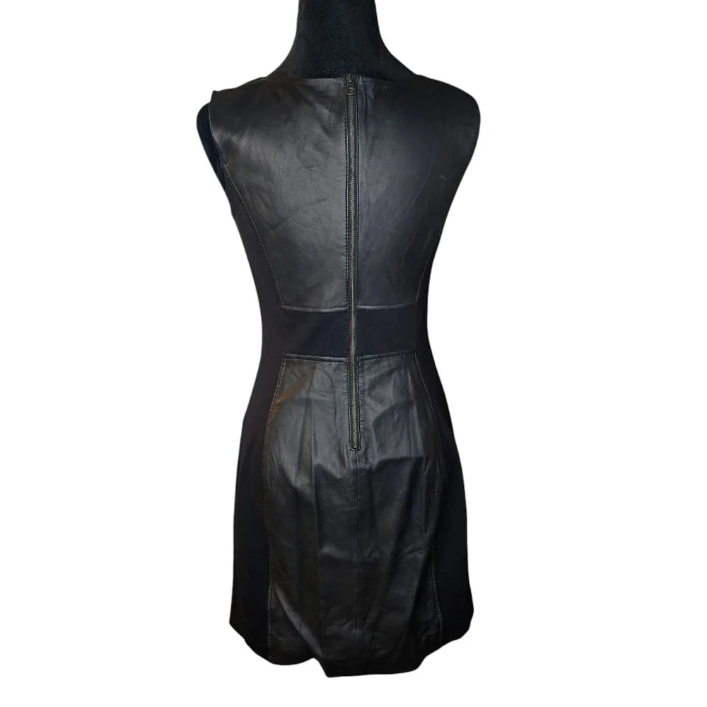 Halogen 4P Black Mixed Media Sleeveless A-line Leather Sheath Mini Dress - Picture 3 of 7